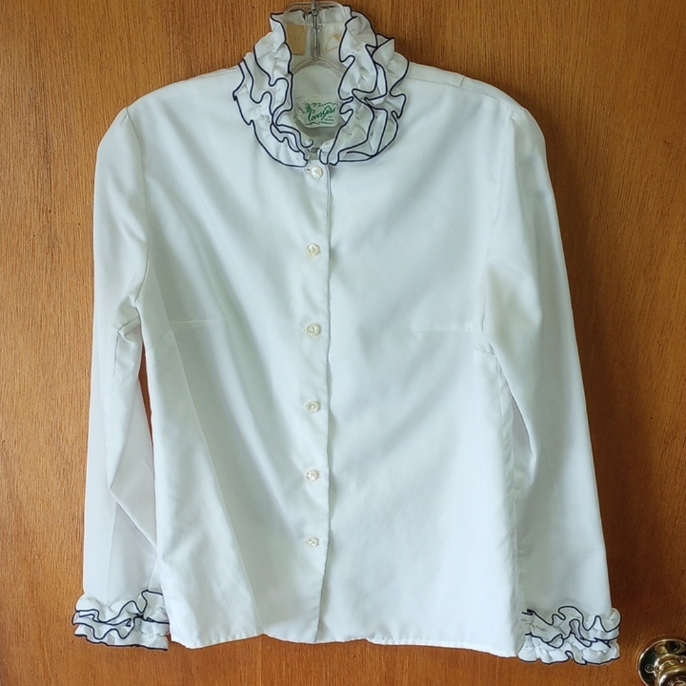 Cover Girl Classic White Blouse, High Collar, Ruffles. Button Down, Black Trim